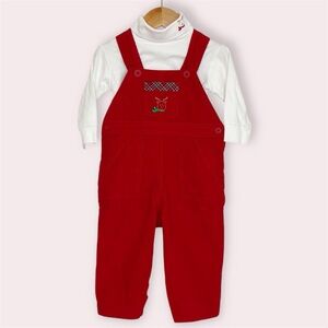 Strasburg Christmas overall set red corduroy embroidered w/ turtleneck 6 months